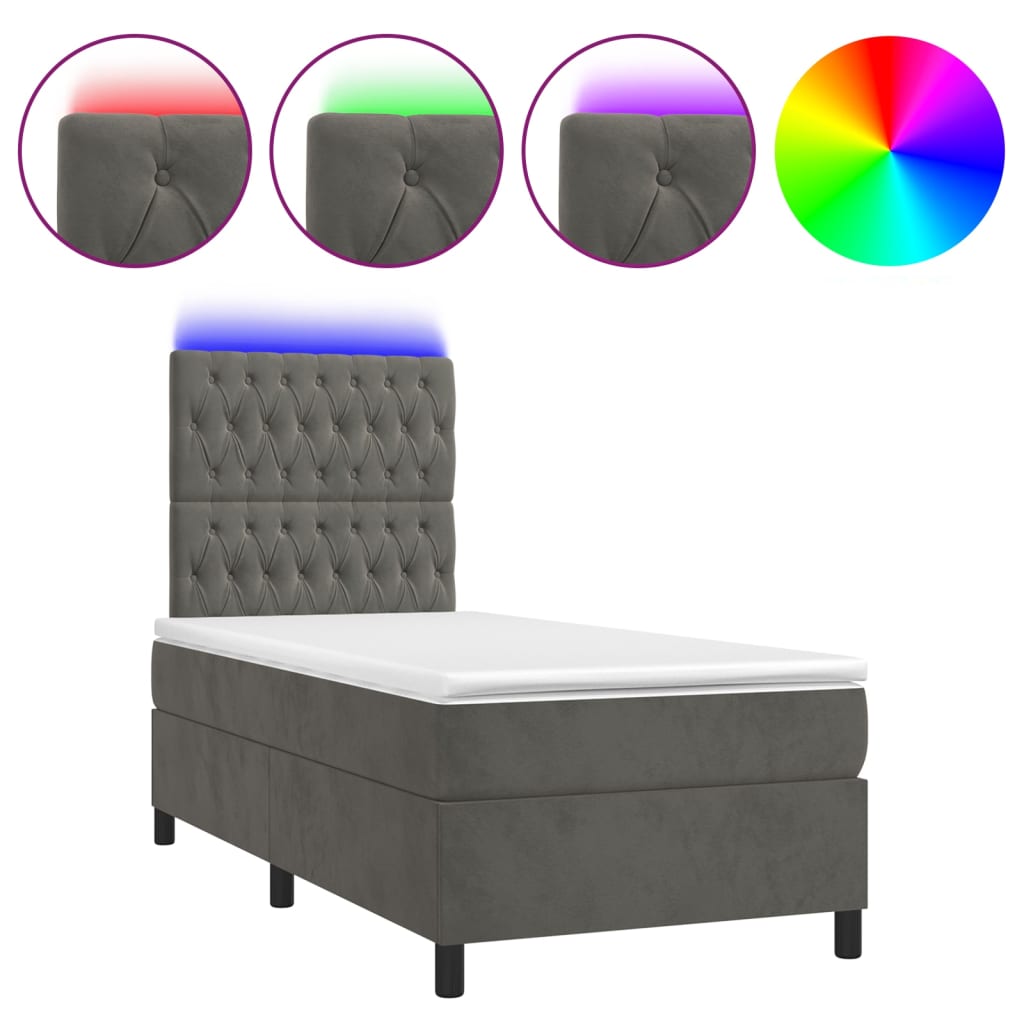 Box Spring Bed with Mattress&LED Dark Grey 107x203 cm King Single Velvet