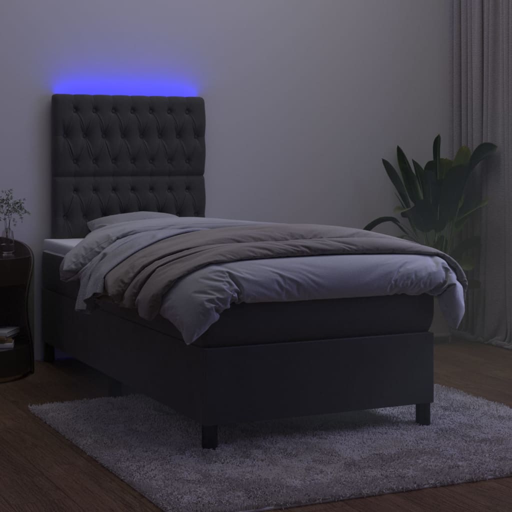 Box Spring Bed with Mattress&LED Dark Grey 107x203 cm King Single Velvet