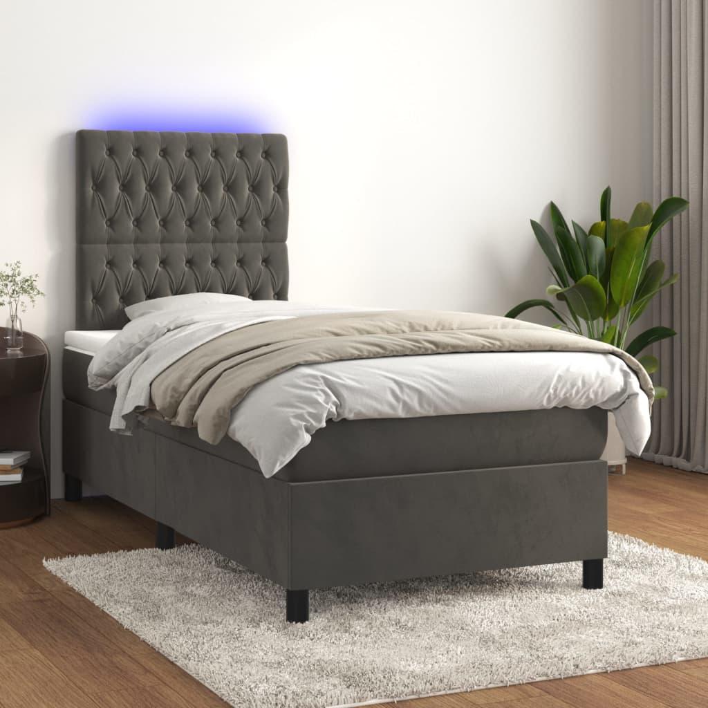 Box Spring Bed with Mattress&LED Dark Grey 107x203 cm King Single Velvet