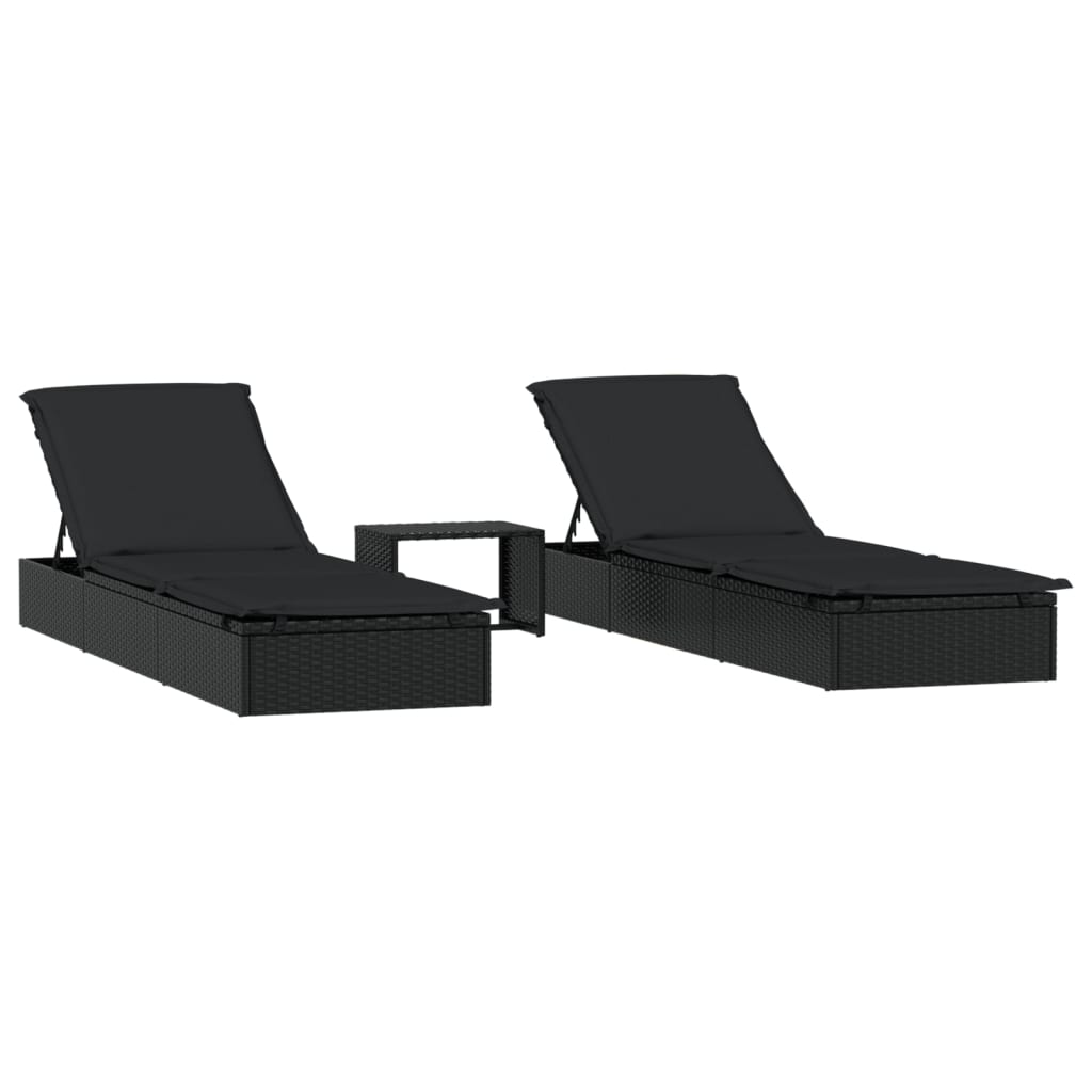 Sunbeds 2 pcs with Table Black Poly Rattan