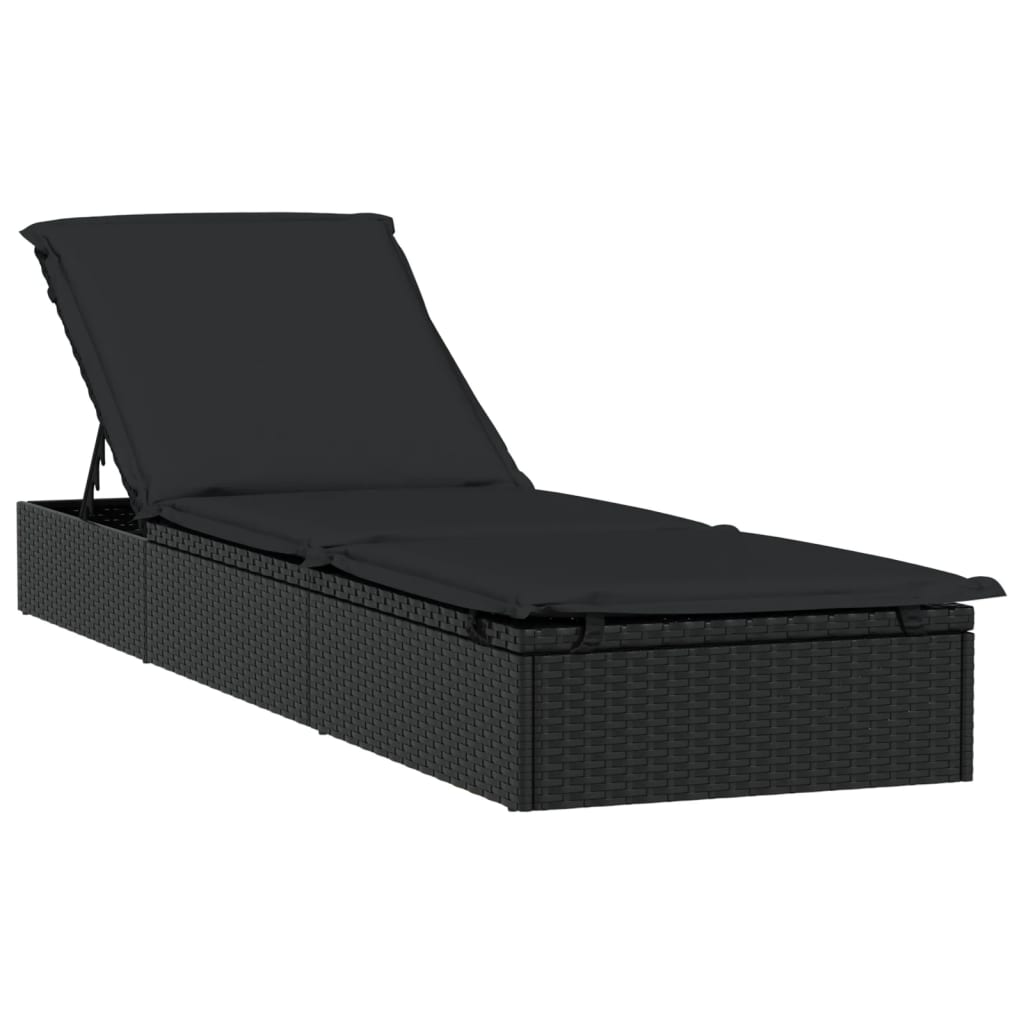 Sunbeds 2 pcs with Table Black Poly Rattan