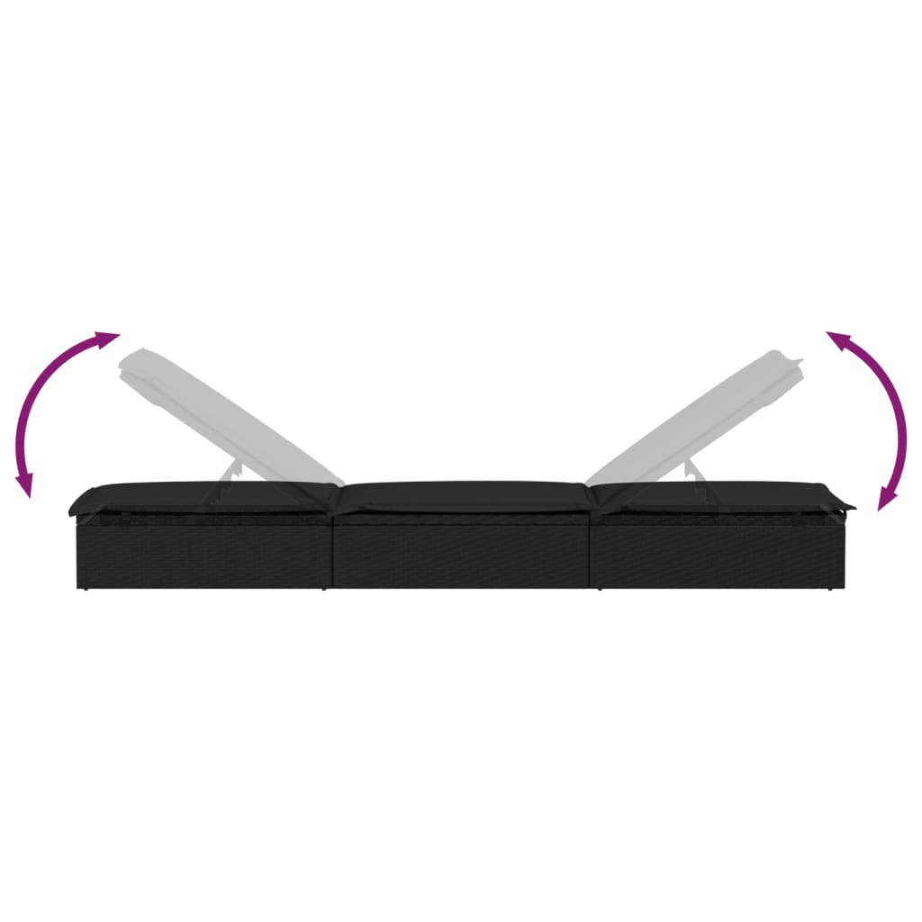Sunbeds 2 pcs with Table Black Poly Rattan