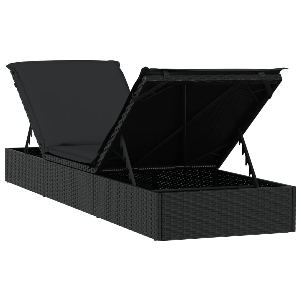 Sunbeds 2 pcs with Table Black Poly Rattan