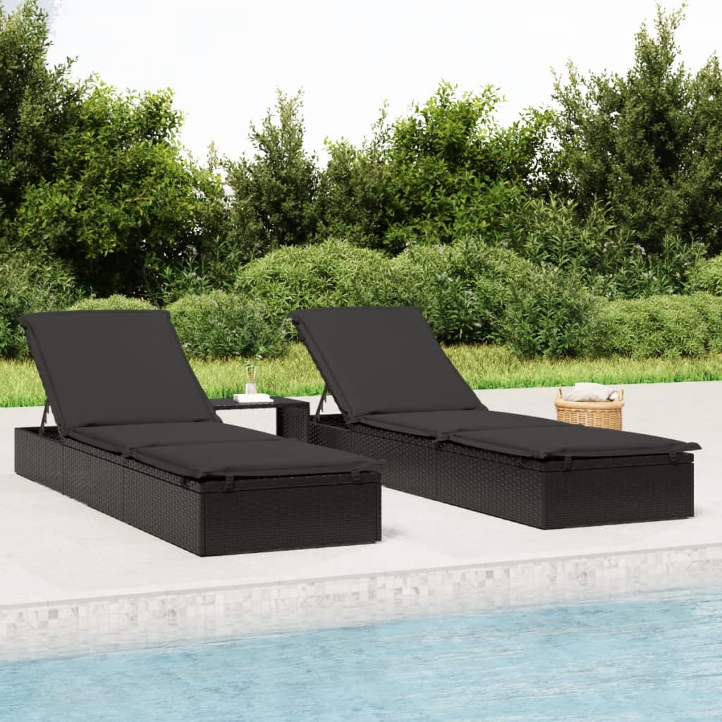 Sunbeds 2 pcs with Table Black Poly Rattan