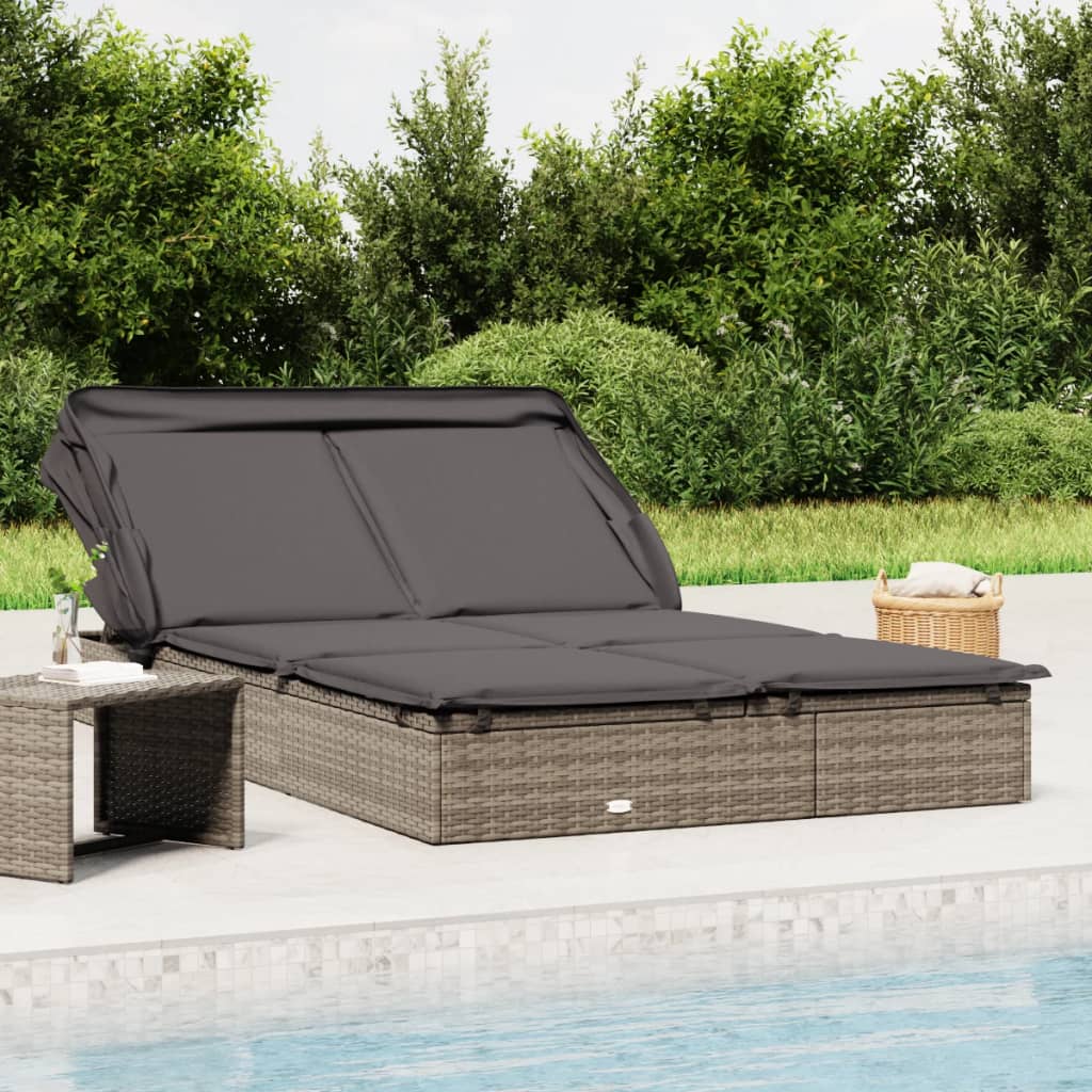 2-Person Sunbed with Foldable Roof Grey 213x118x97 cm