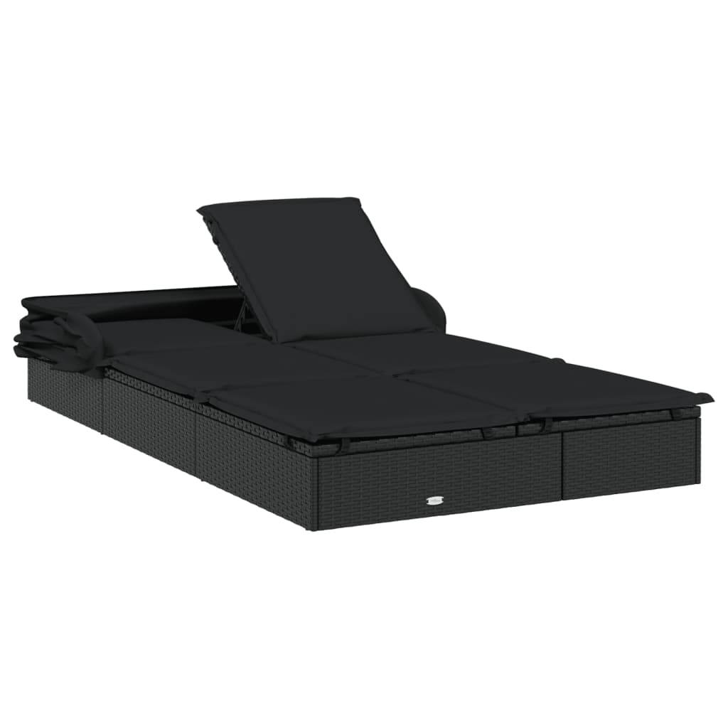 2-Person Sunbed with Foldable Roof Black 213x118x97 cm