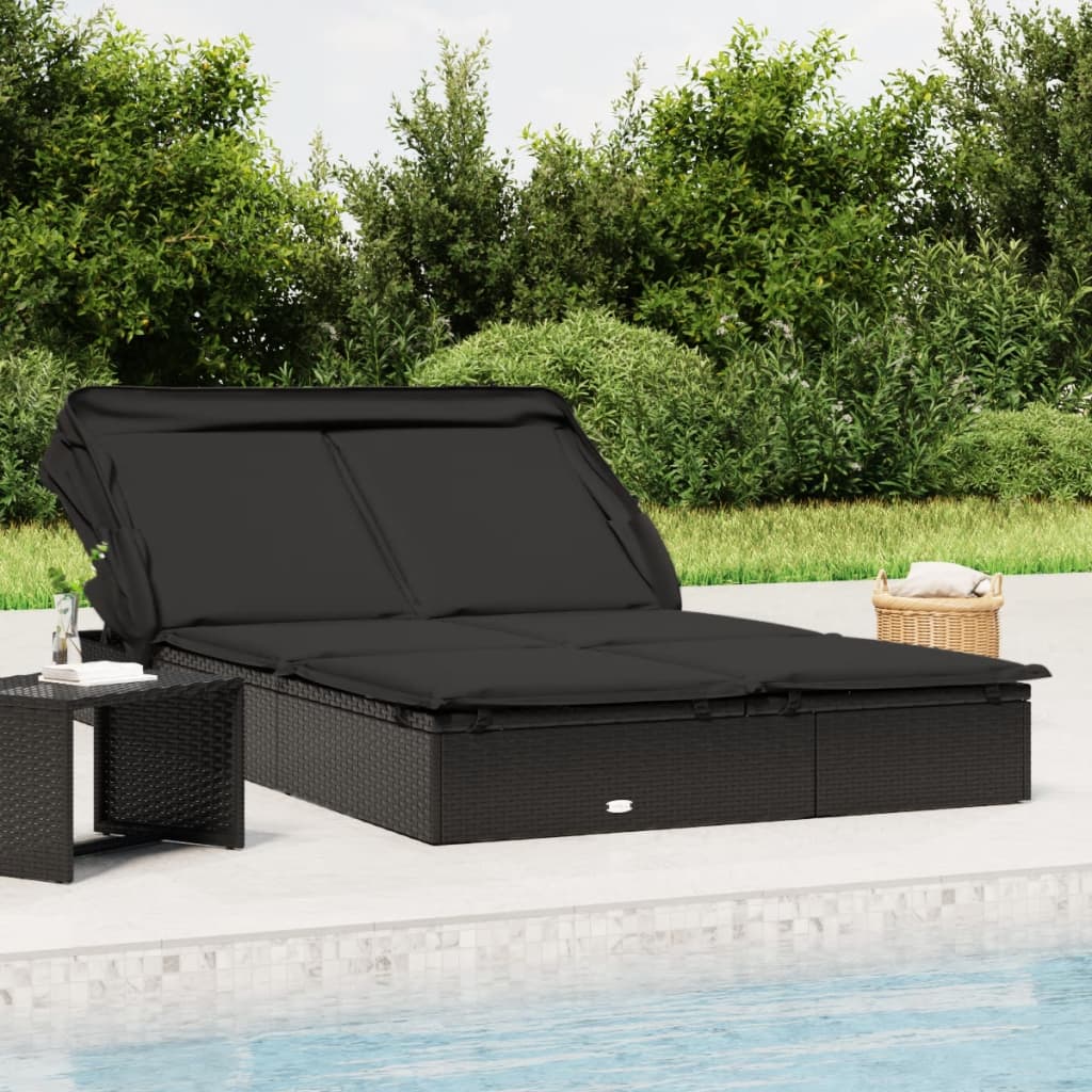 2-Person Sunbed with Foldable Roof Black 213x118x97 cm