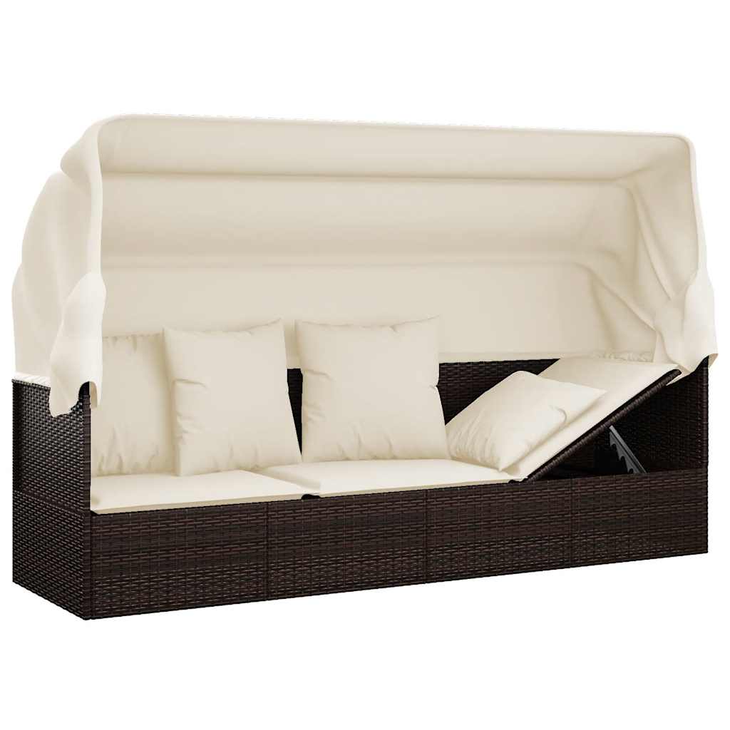 Outdoor Lounge Bed with Roof and Cushions Brown Poly Rattan