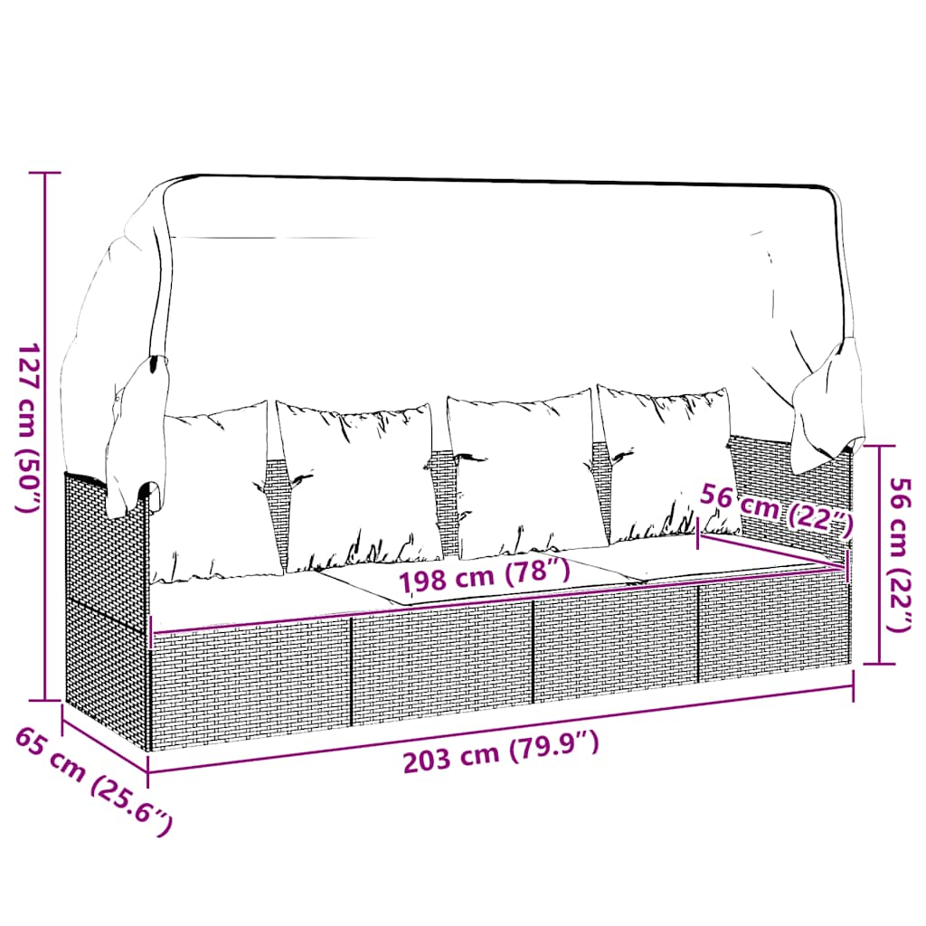 Outdoor Lounge Bed with Roof and Cushions Brown Poly Rattan