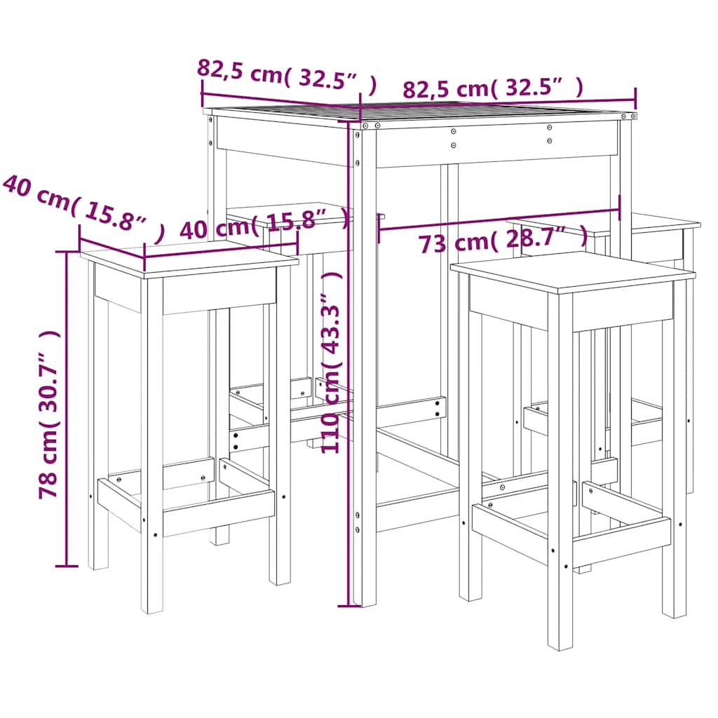 5 Piece Garden Bar Set Black Solid Wood Pine