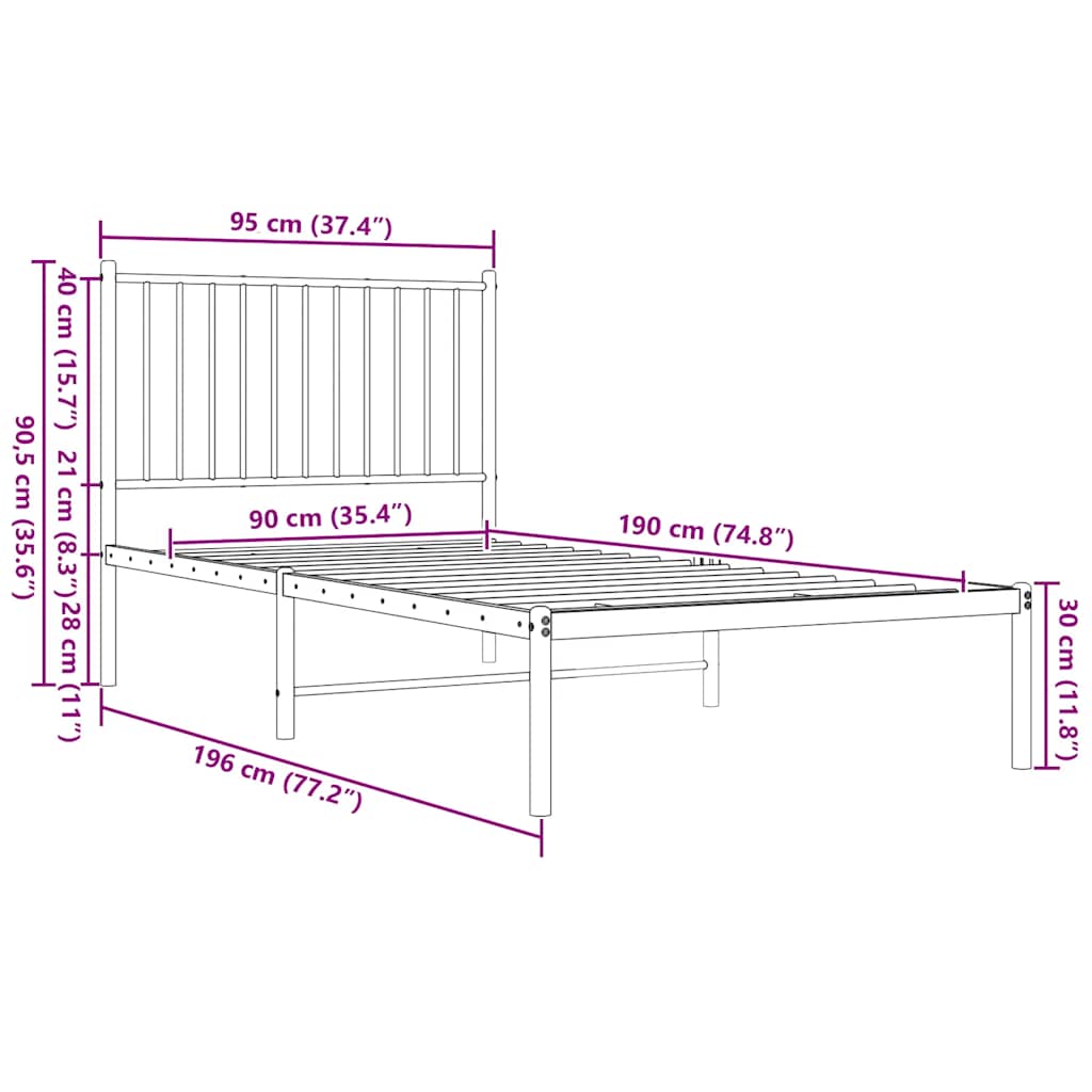 Metal Bed Frame without Mattress with Headboard Black 90x190 cm