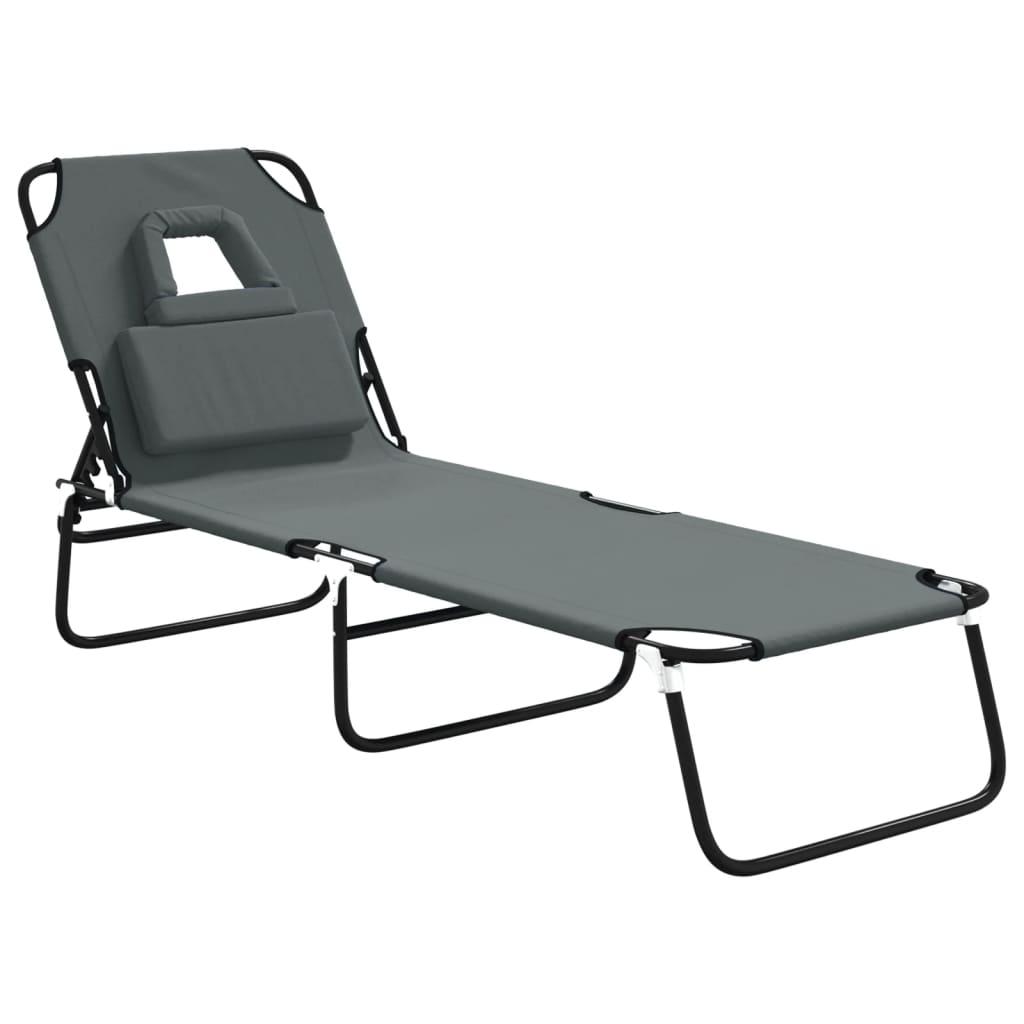 Folding Sun Lounger Grey Oxford Fabric and Powder-coated Steel