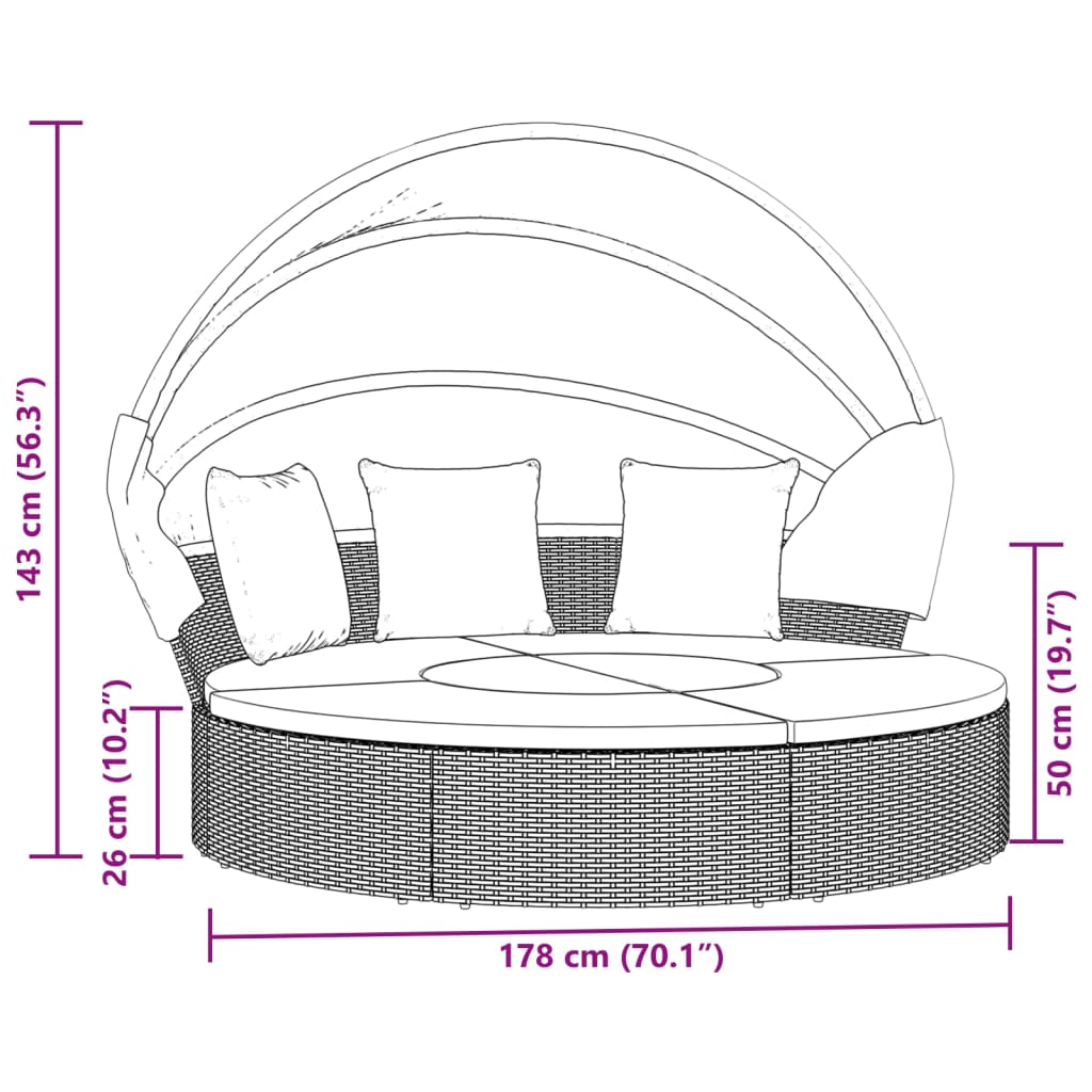 Outdoor Lounge Bed with Canopy and Cushions Grey Poly Rattan