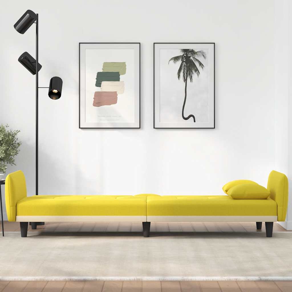 Sofa Bed with Cup Holders Light Yellow Fabric