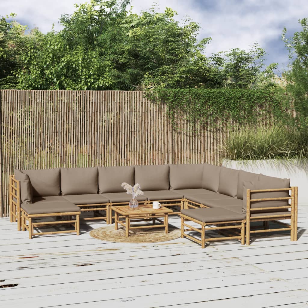 11 Piece Garden Lounge Set with Taupe Cushions Bamboo
