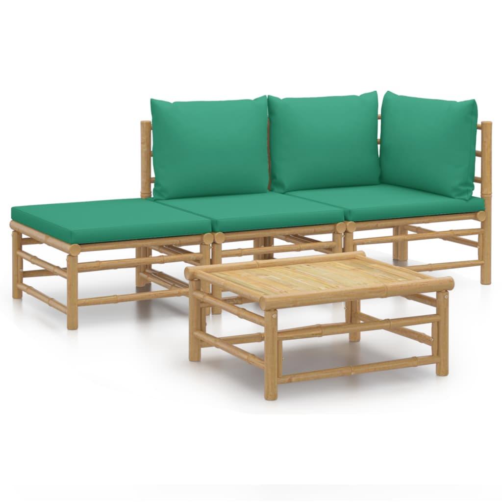 4 Piece Garden Lounge Set with Green Cushions Bamboo