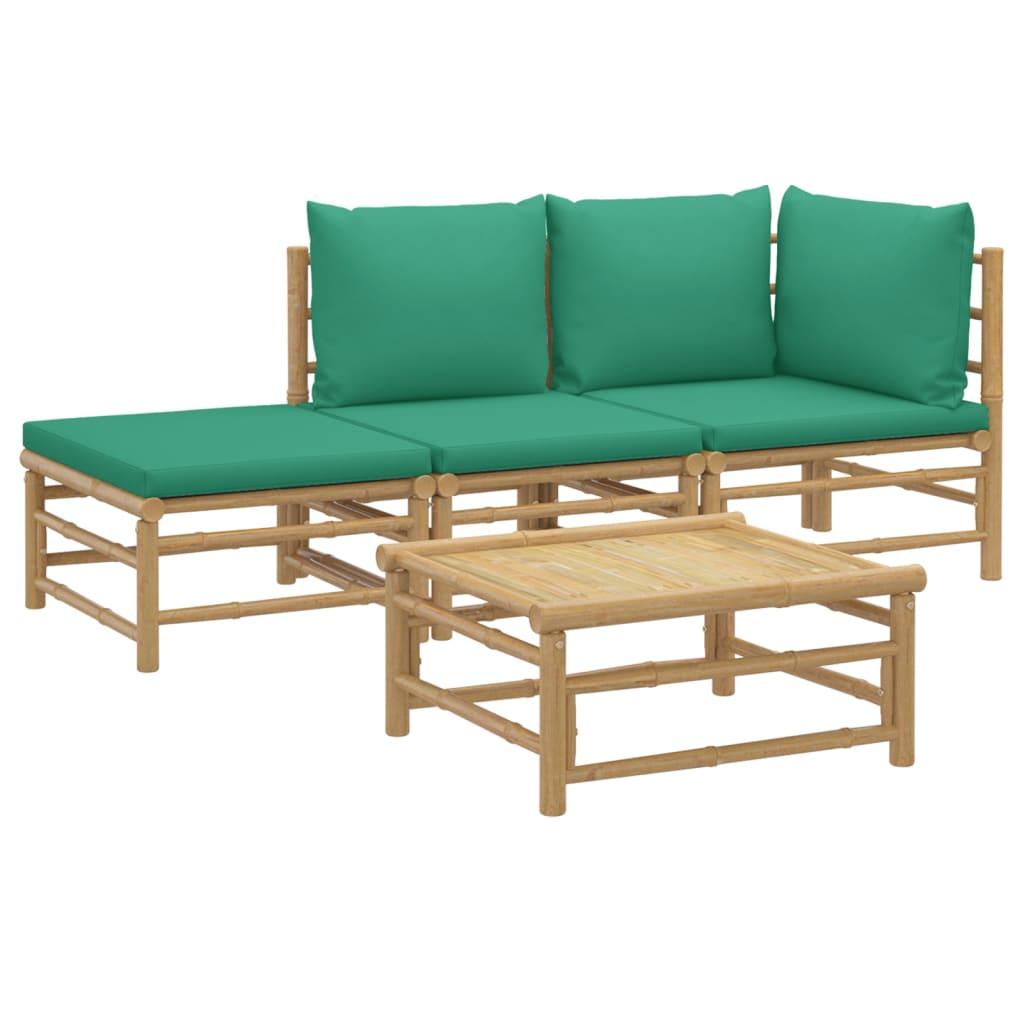 4 Piece Garden Lounge Set with Green Cushions Bamboo
