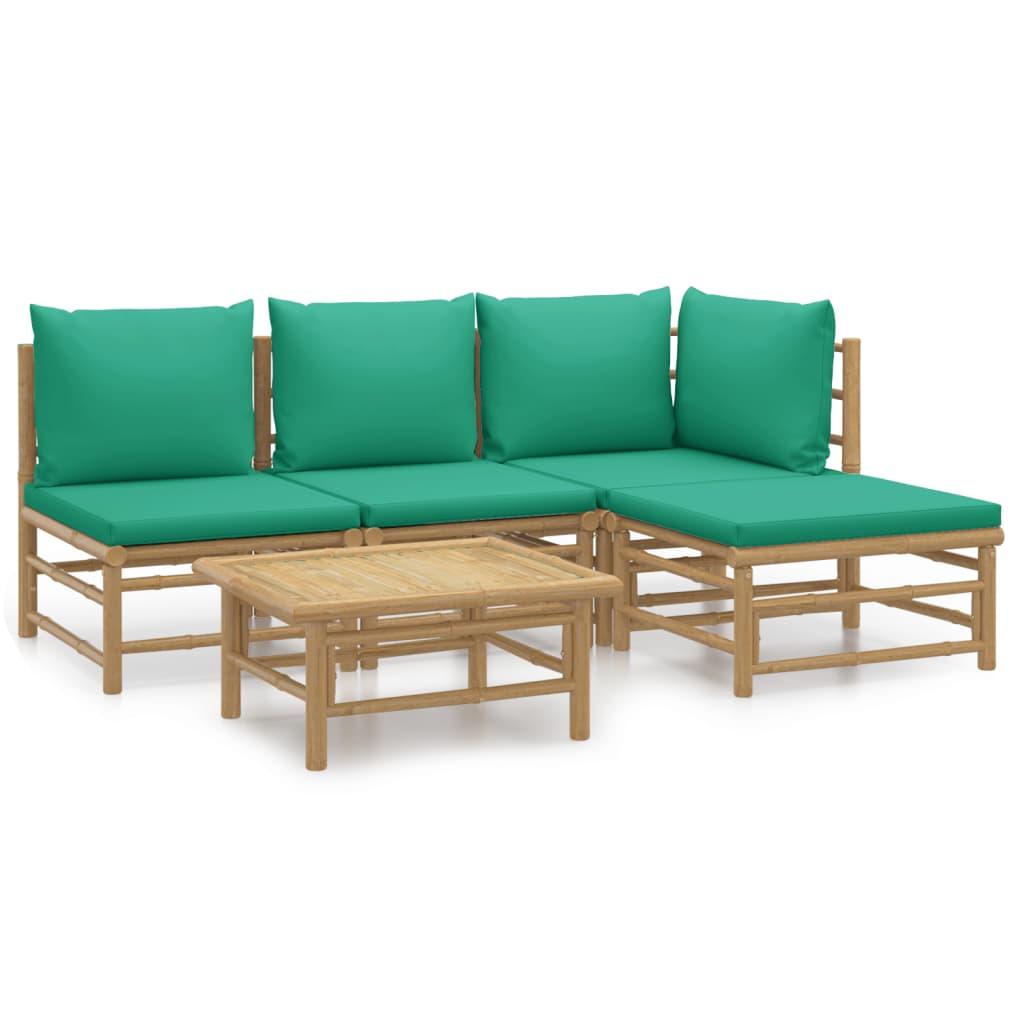 5 Piece Garden Lounge Set with Green Cushions Bamboo