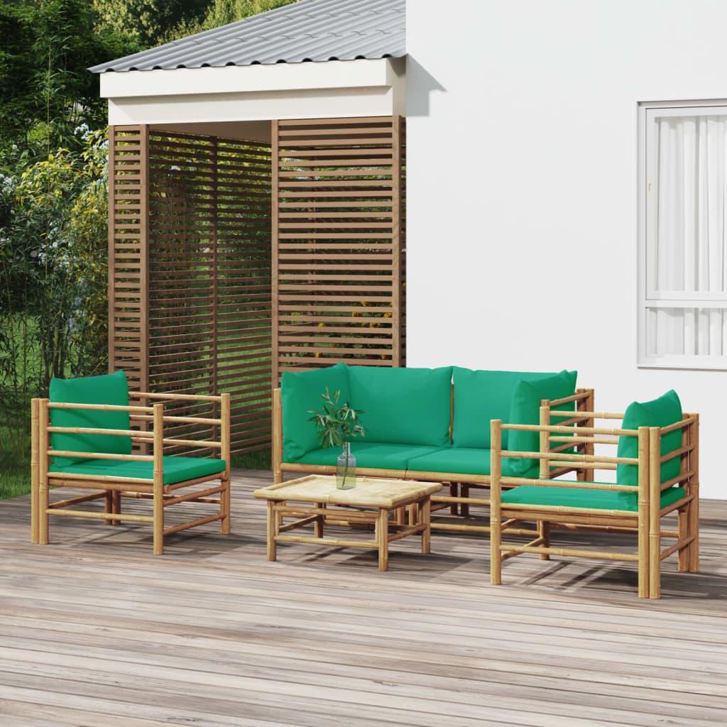 5 Piece Garden Lounge Set with Green Cushions Bamboo