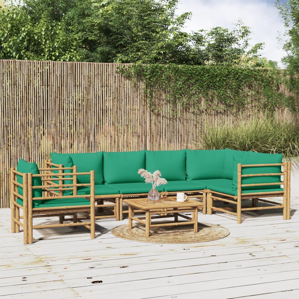 7 Piece Garden Lounge Set with Green Cushions Bamboo