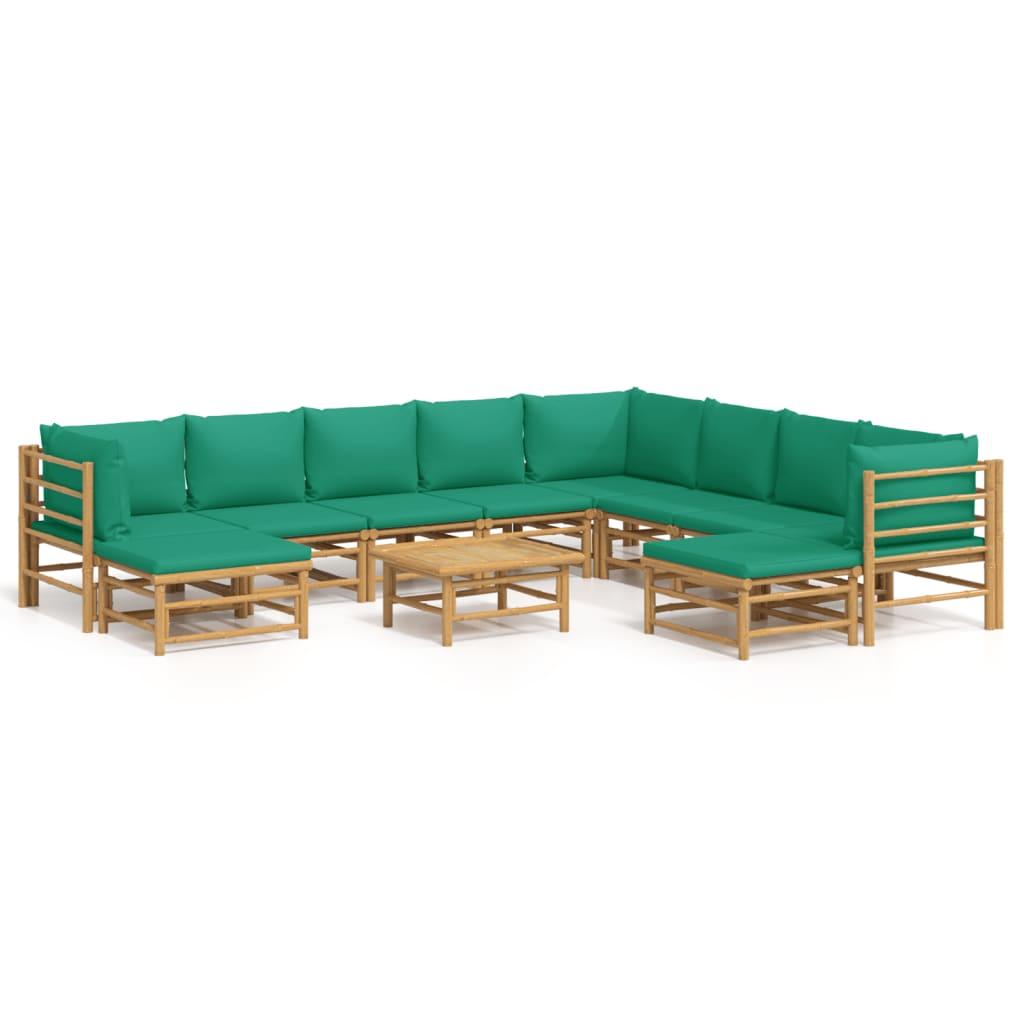 11 Piece Garden Lounge Set with Green Cushions Bamboo