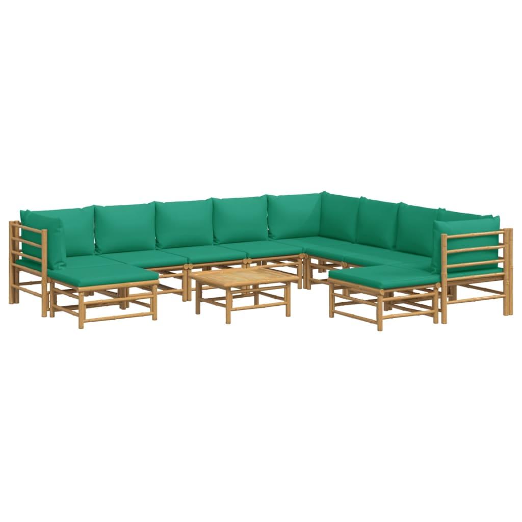 11 Piece Garden Lounge Set with Green Cushions Bamboo