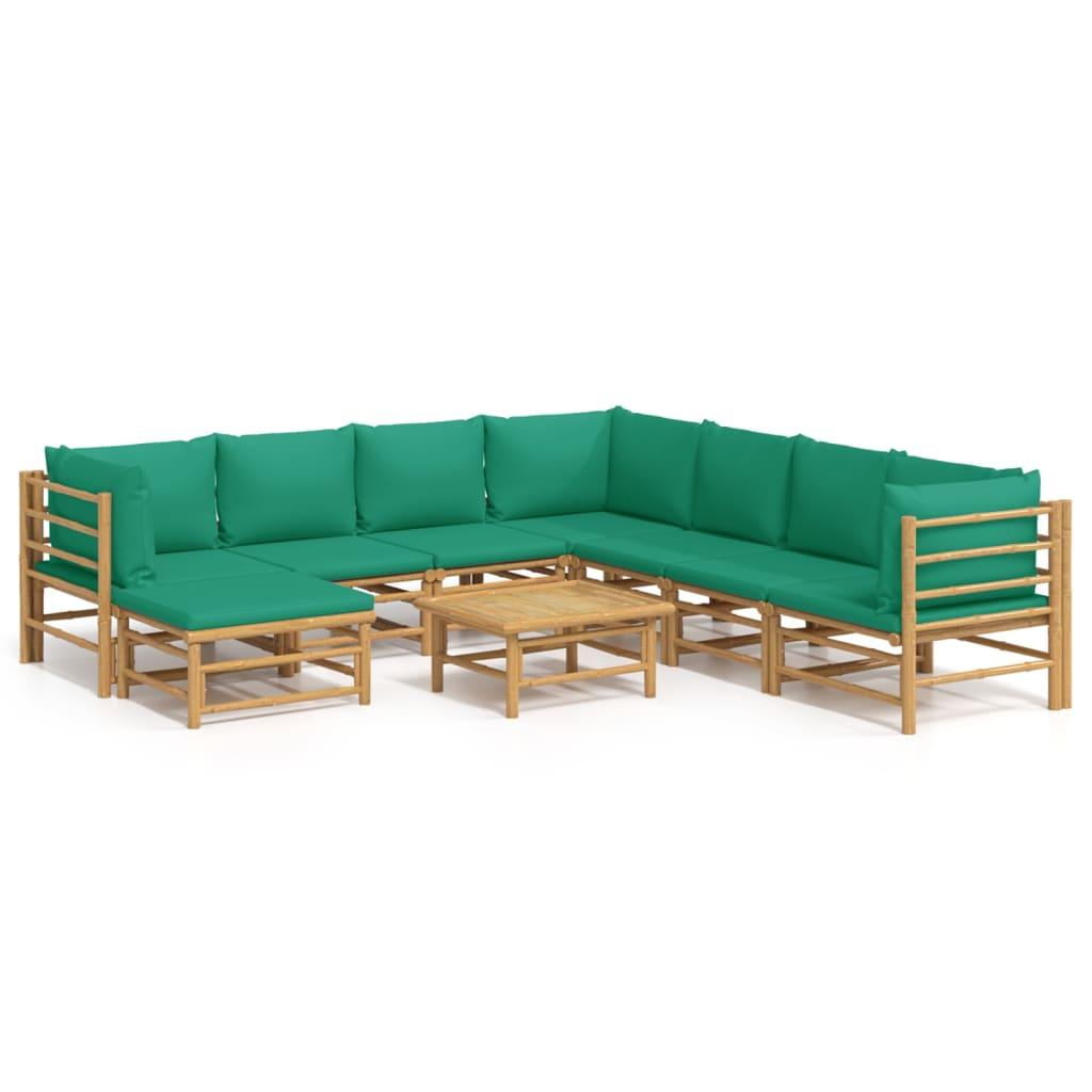 9 Piece Garden Lounge Set with Green Cushions Bamboo