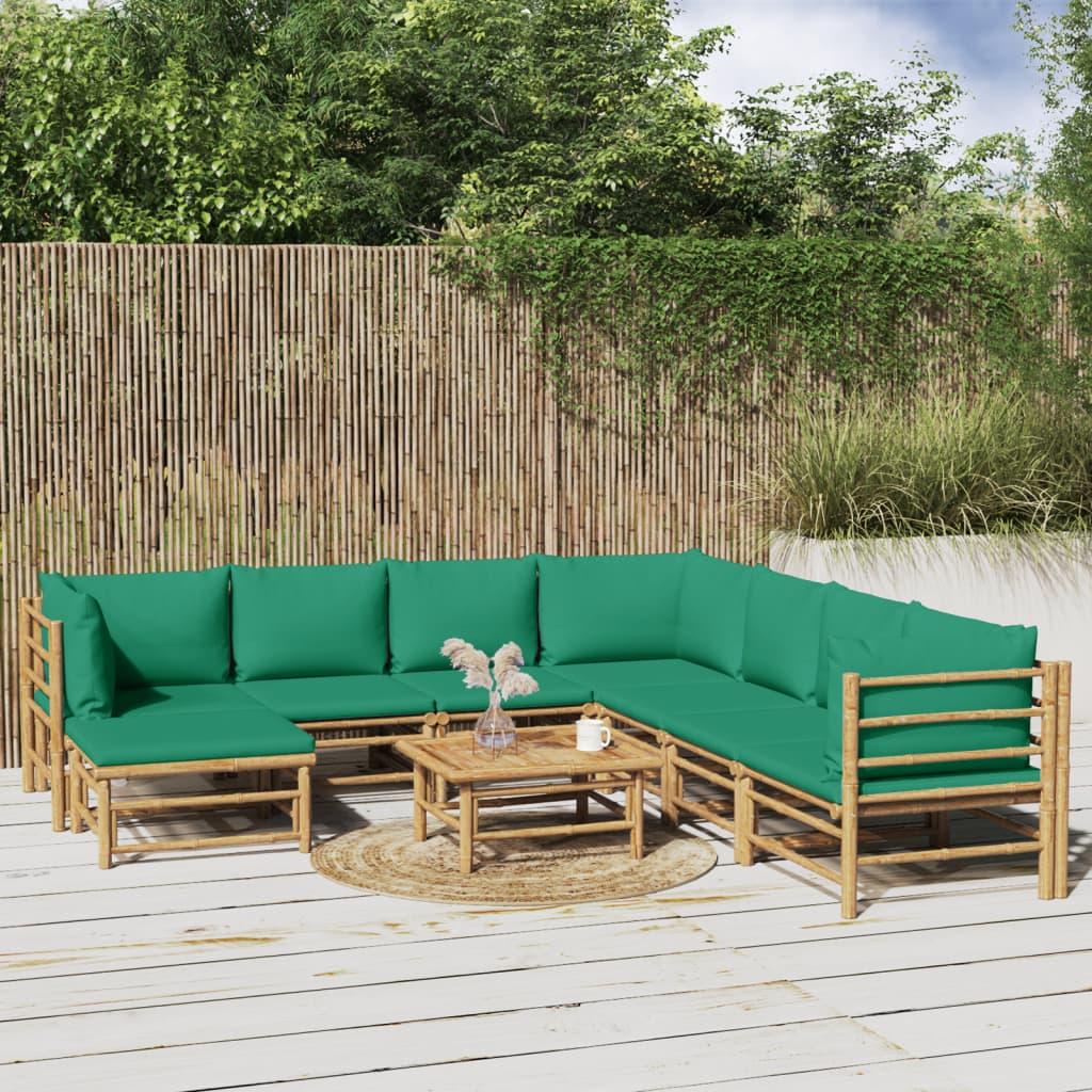 9 Piece Garden Lounge Set with Green Cushions Bamboo