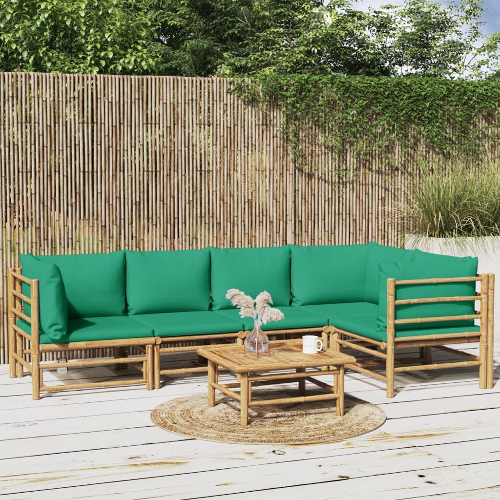 6 Piece Garden Lounge Set with Green Cushions Bamboo