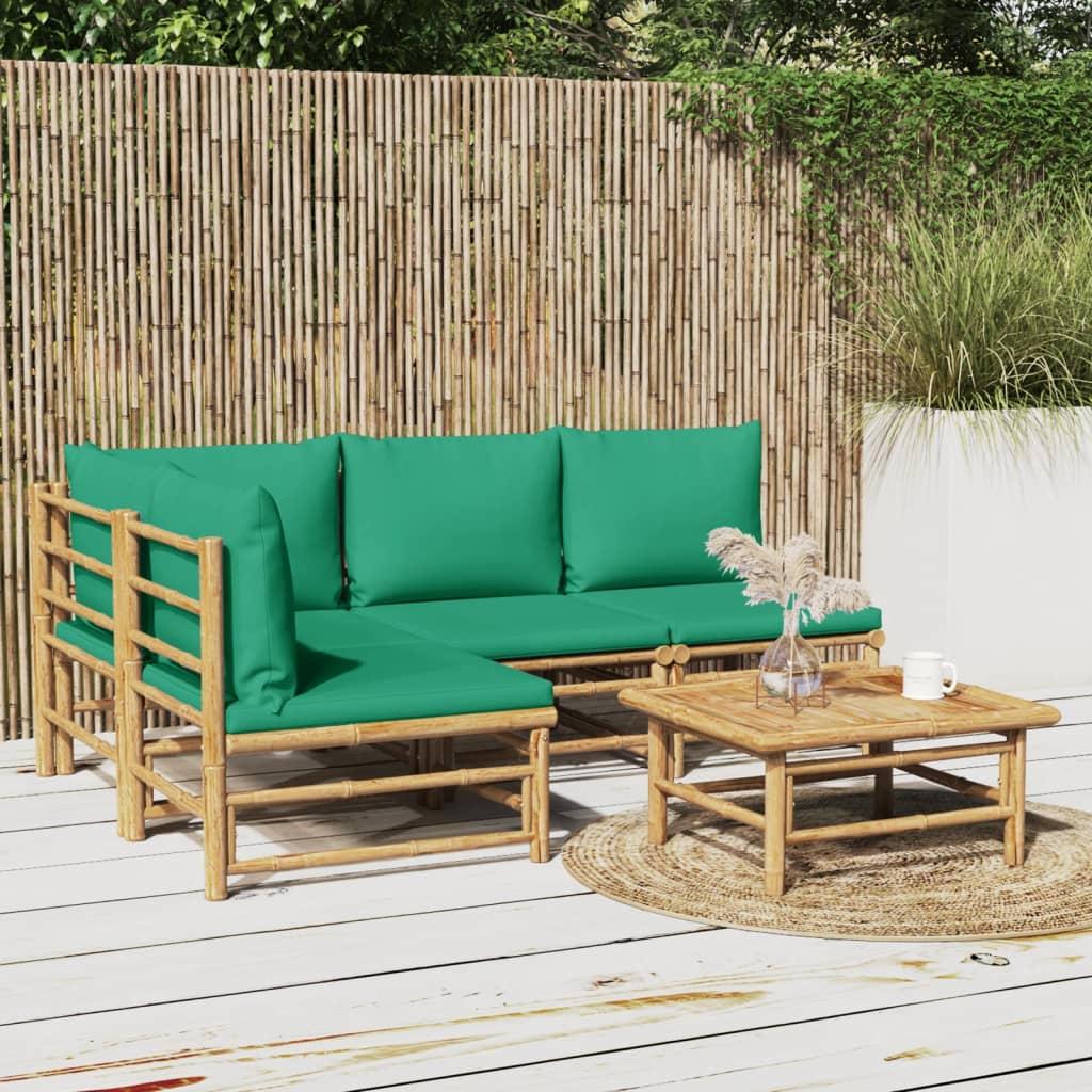 5 Piece Garden Lounge Set with Green Cushions Bamboo