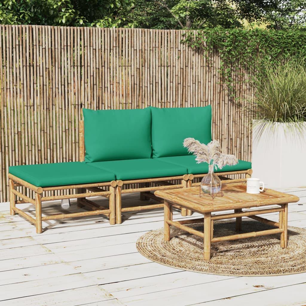 4 Piece Garden Lounge Set with Green Cushions Bamboo
