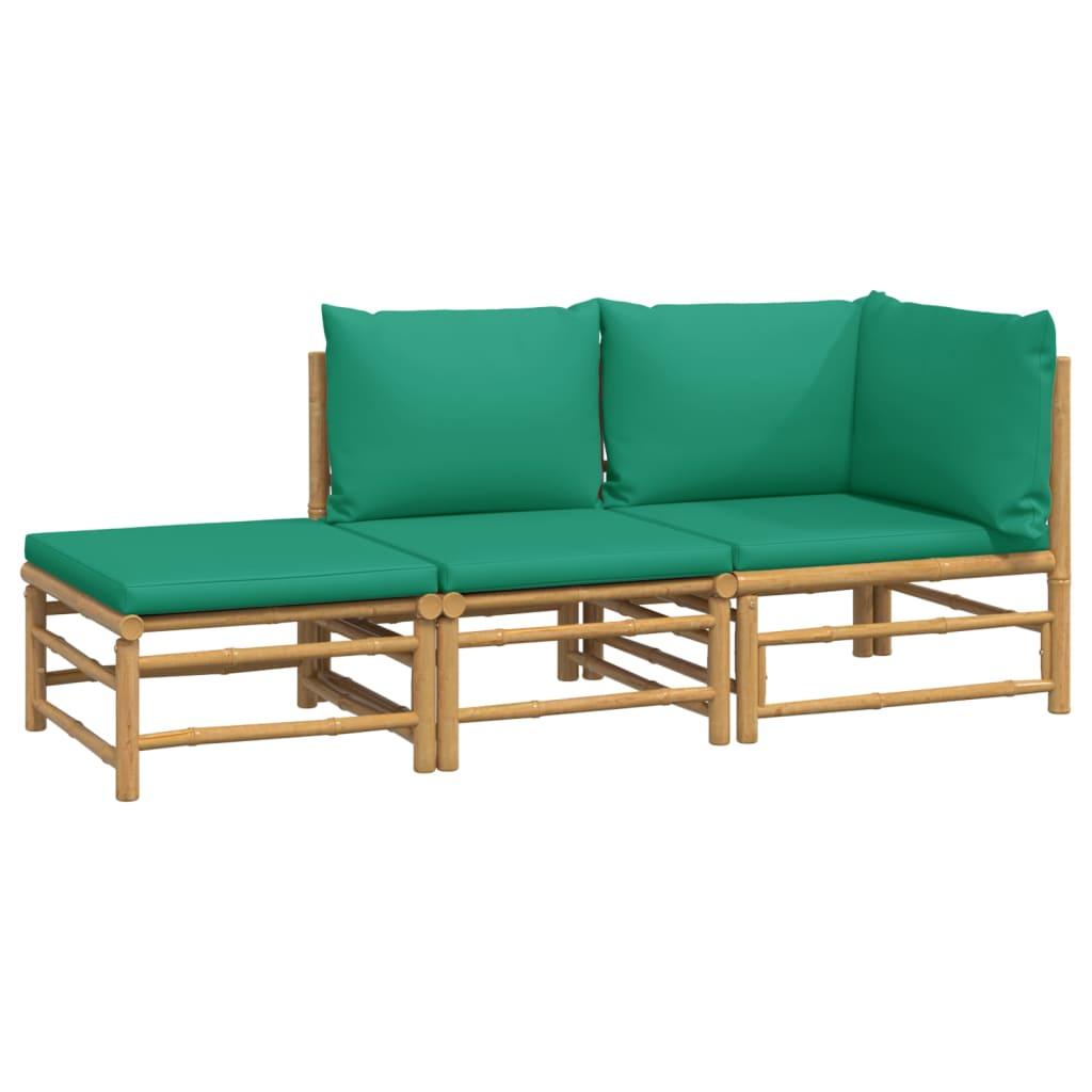 3 Piece Garden Lounge Set with Green Cushions Bamboo
