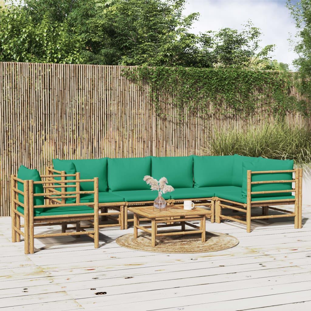 7 Piece Garden Lounge Set with Green Cushions Bamboo