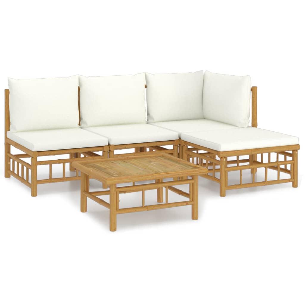 5 Piece Garden Lounge Set with Cream White Cushions Bamboo