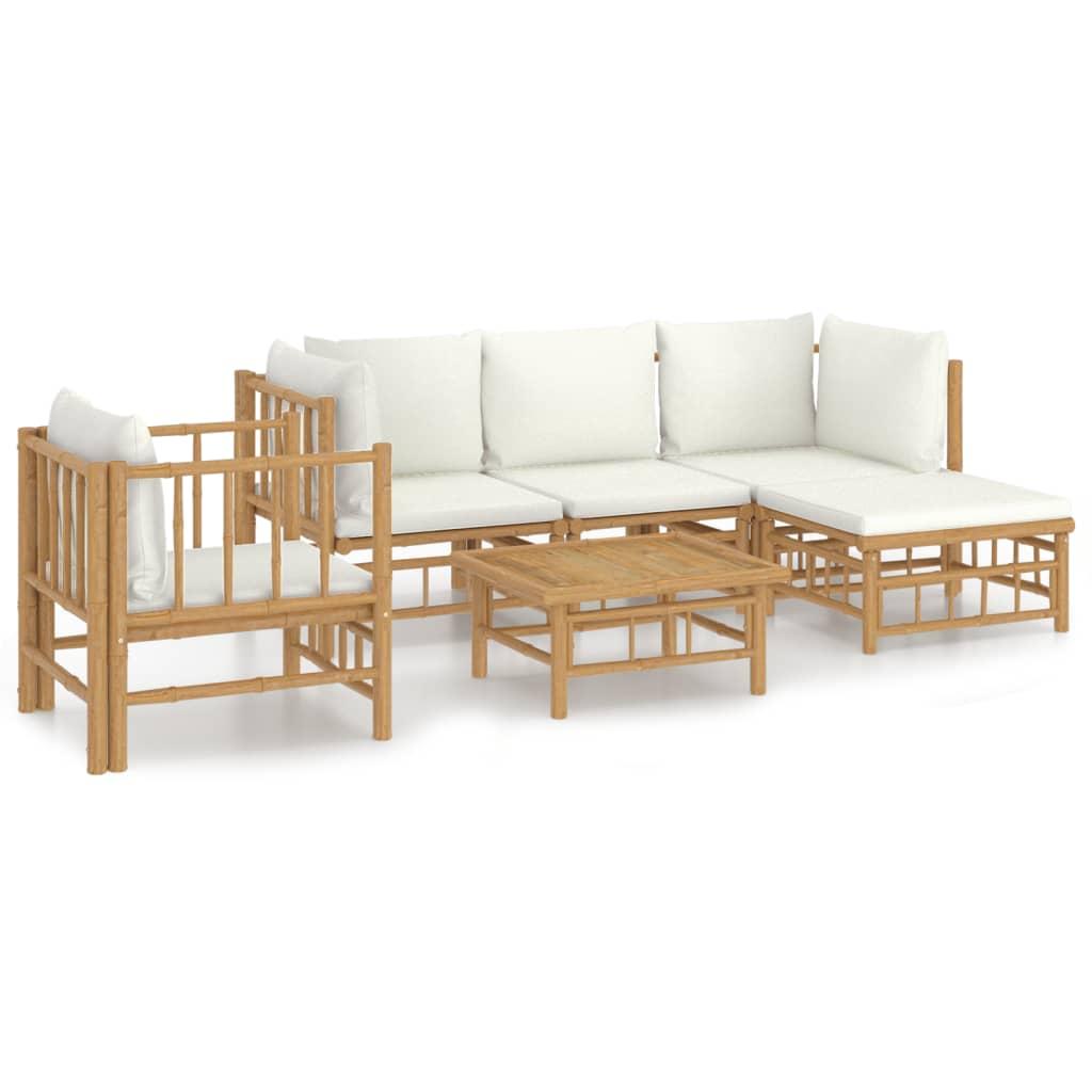 6 Piece Garden Lounge Set with Cream White Cushions Bamboo