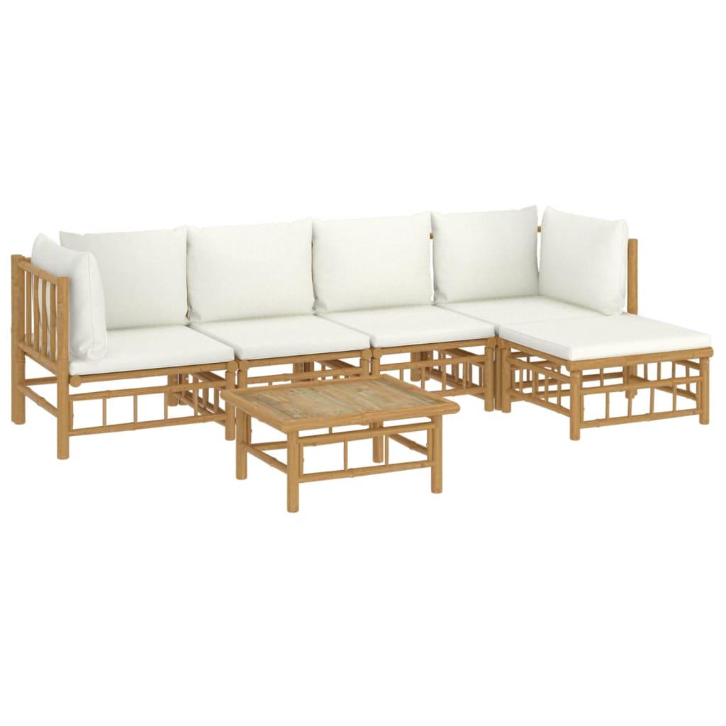 6 Piece Garden Lounge Set with Cream White Cushions Bamboo
