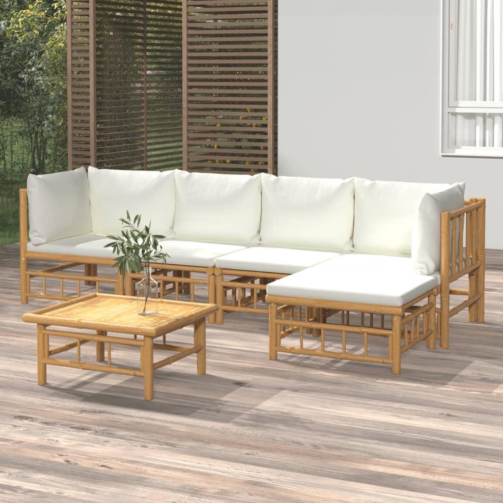 6 Piece Garden Lounge Set with Cream White Cushions Bamboo