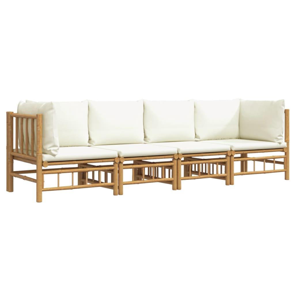 4 Piece Garden Lounge Set with Cream White Cushions Bamboo