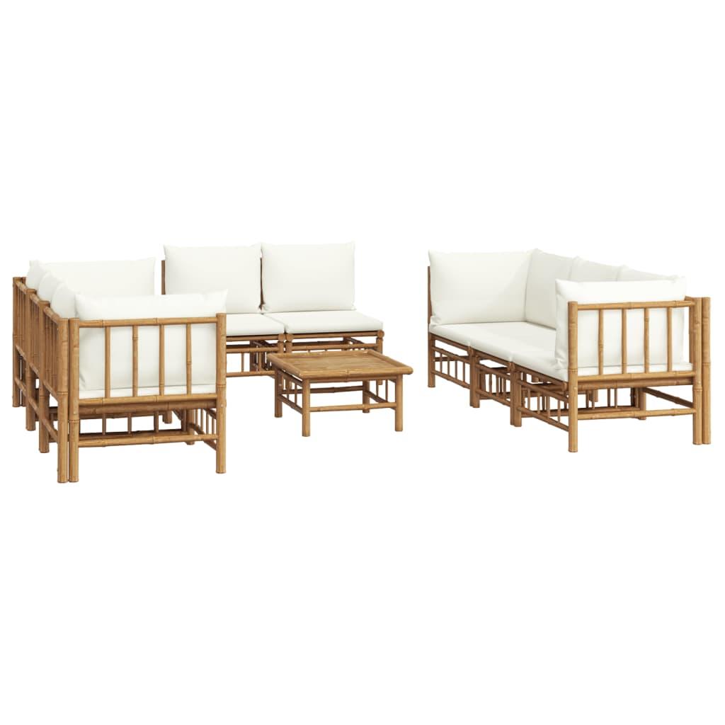 9 Piece Garden Lounge Set with Cream White Cushions Bamboo