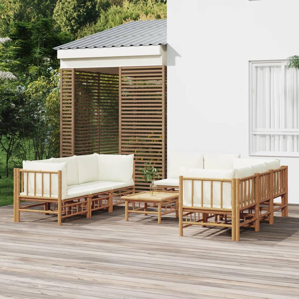 9 Piece Garden Lounge Set with Cream White Cushions Bamboo