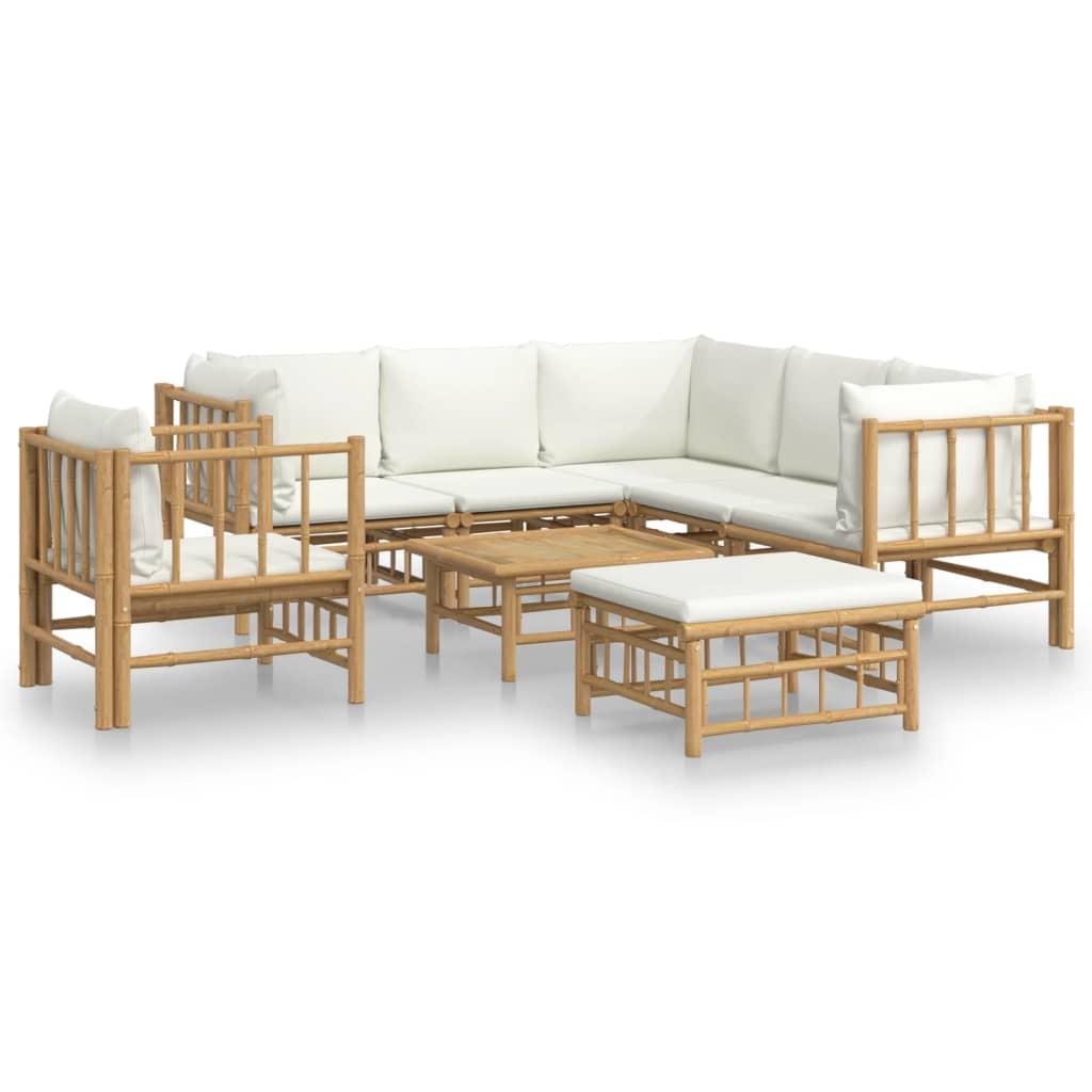 8 Piece Garden Lounge Set with Cream White Cushions Bamboo