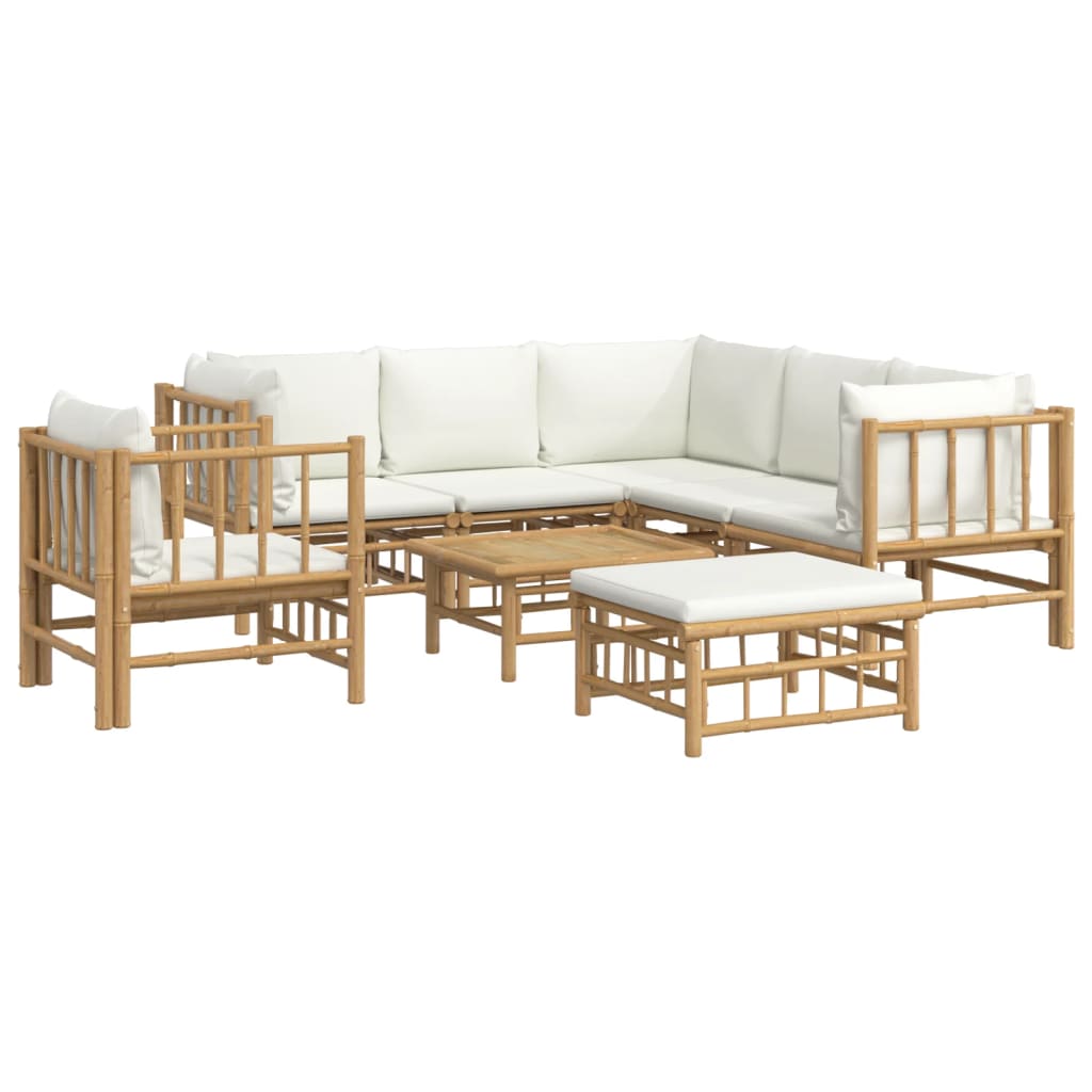 8 Piece Garden Lounge Set with Cream White Cushions Bamboo