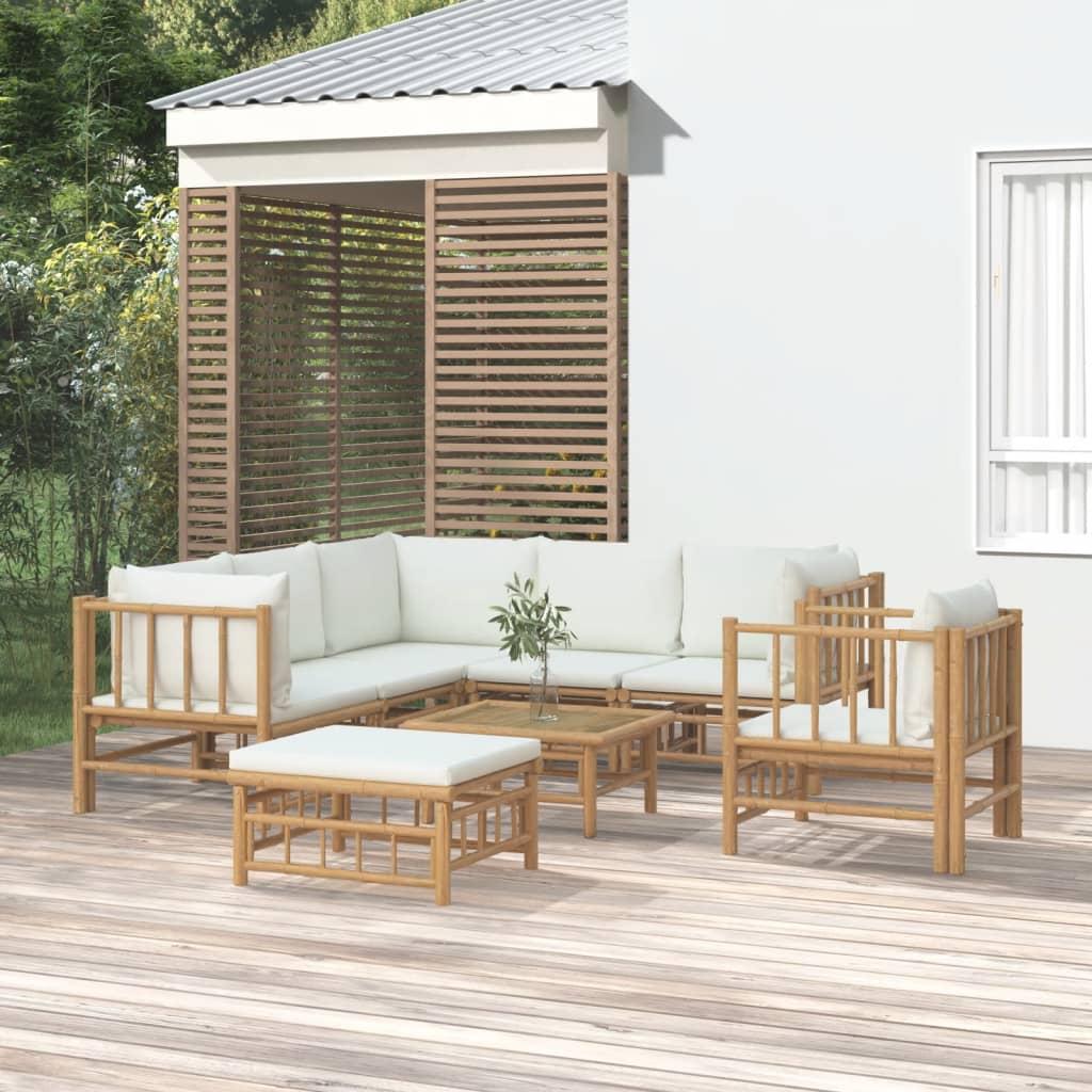 8 Piece Garden Lounge Set with Cream White Cushions Bamboo