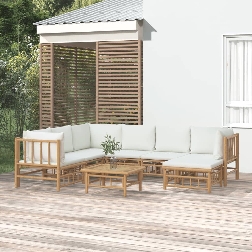 8 Piece Garden Lounge Set with Cream White Cushions Bamboo