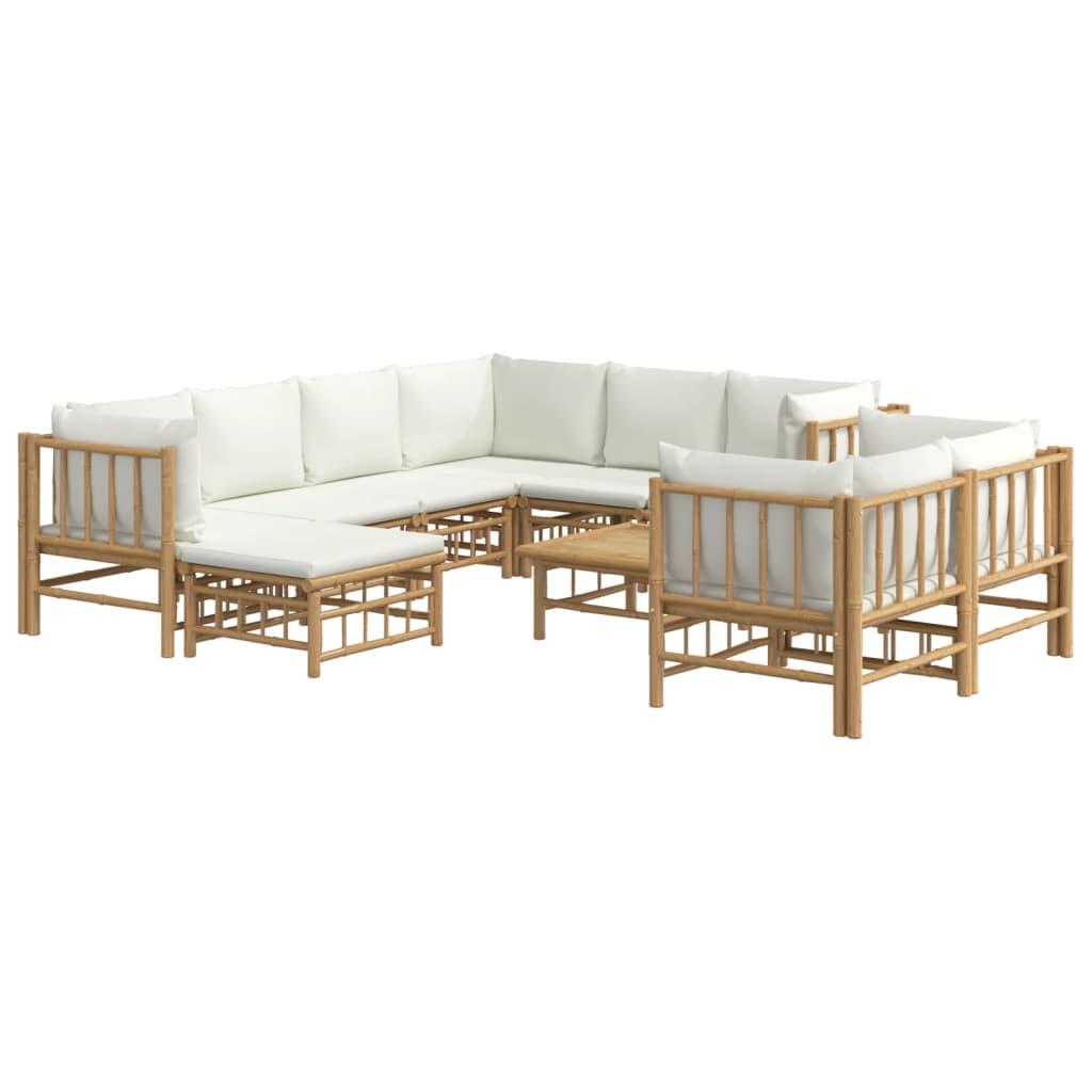 10 Piece Garden Lounge Set with Cream White Cushions Bamboo