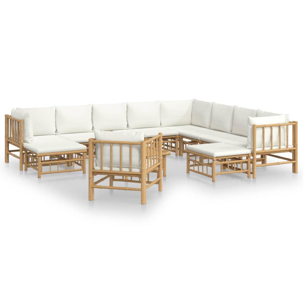 12 Piece Garden Lounge Set with Cream White Cushions Bamboo