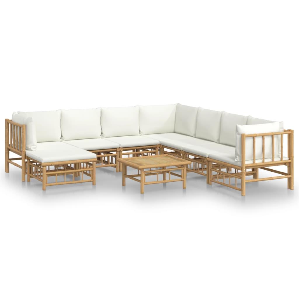 9 Piece Garden Lounge Set with Cream White Cushions Bamboo