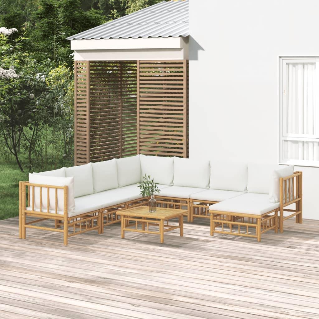 9 Piece Garden Lounge Set with Cream White Cushions Bamboo