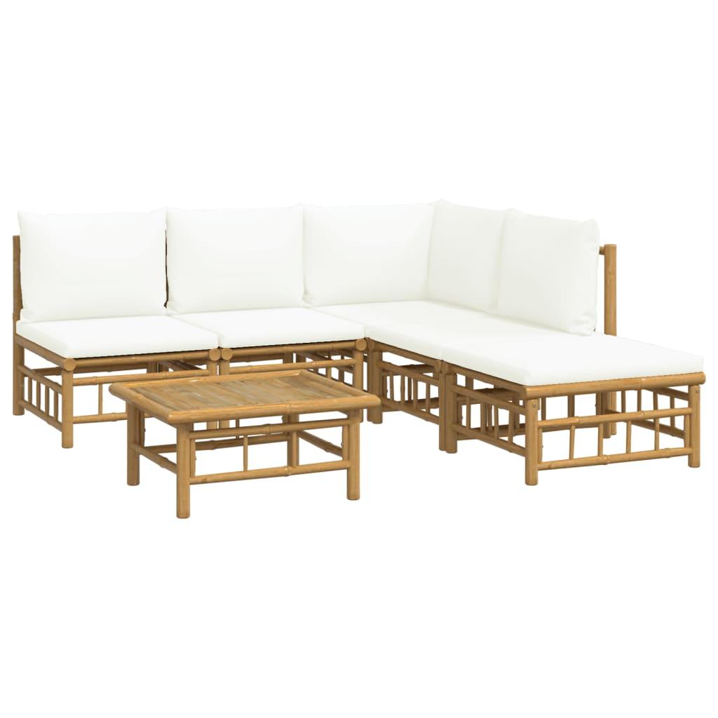 6 Piece Garden Lounge Set with Cream White Cushions Bamboo