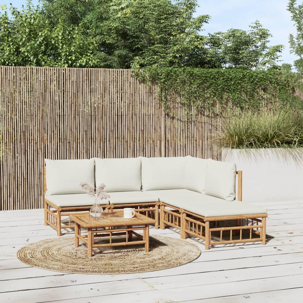 6 Piece Garden Lounge Set with Cream White Cushions Bamboo
